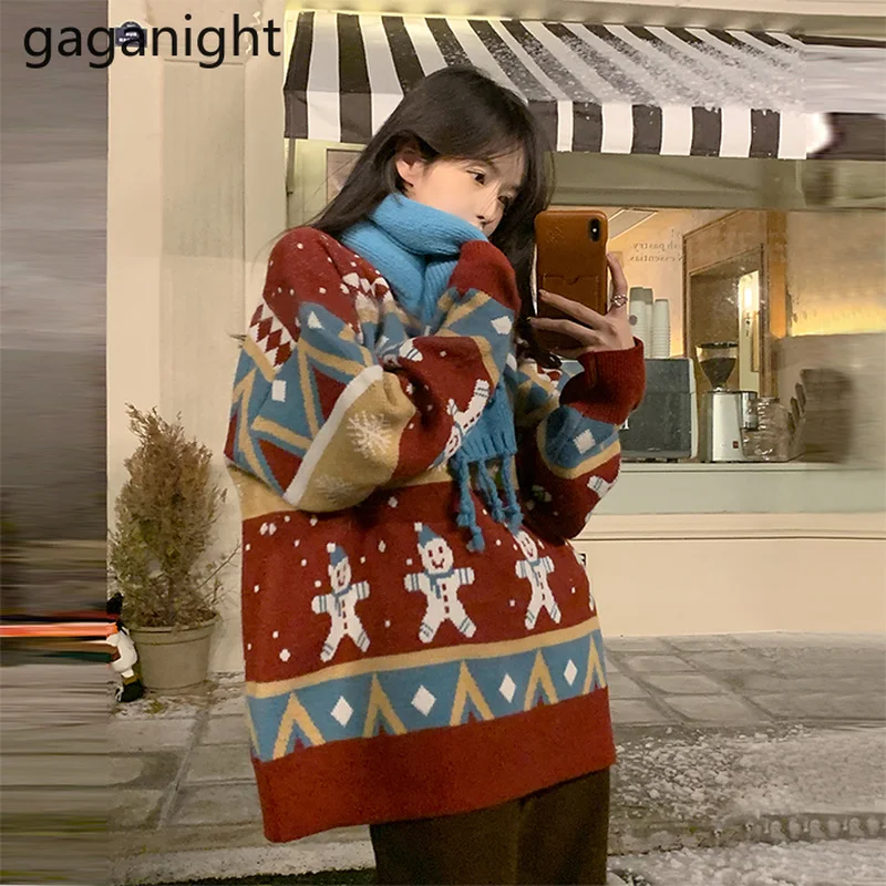 

Gaganight женский Рождественский жаккардовый свитер 2021 осень зима новый стиль корейский шик ретро о-образный вырез свободные тонкие повседневн...