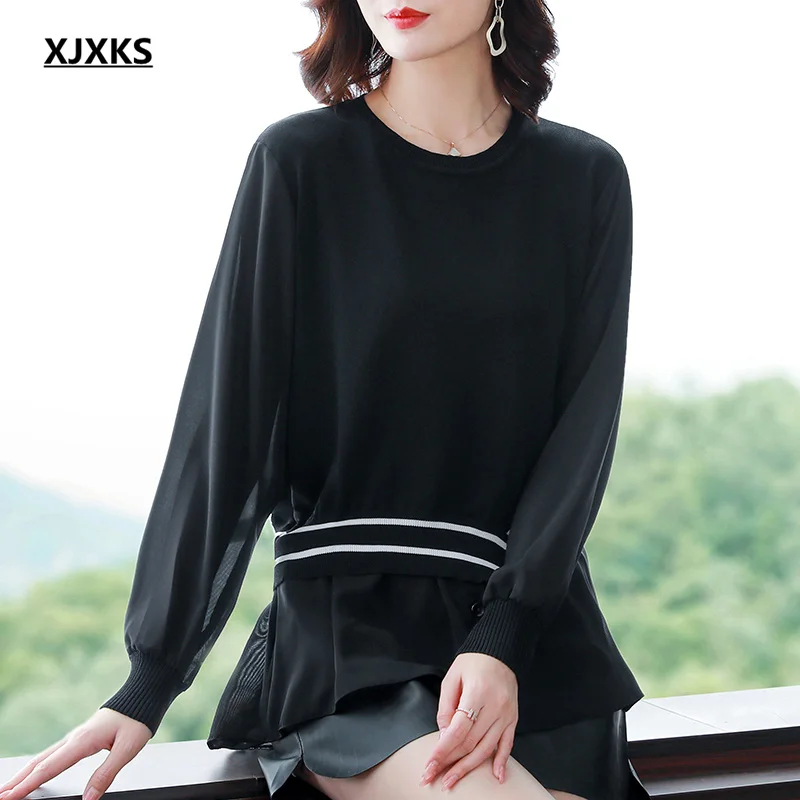 

XJXKS High-quality wool knitted stitching women sweater pullover 2021 spring autumn new comfortable women top