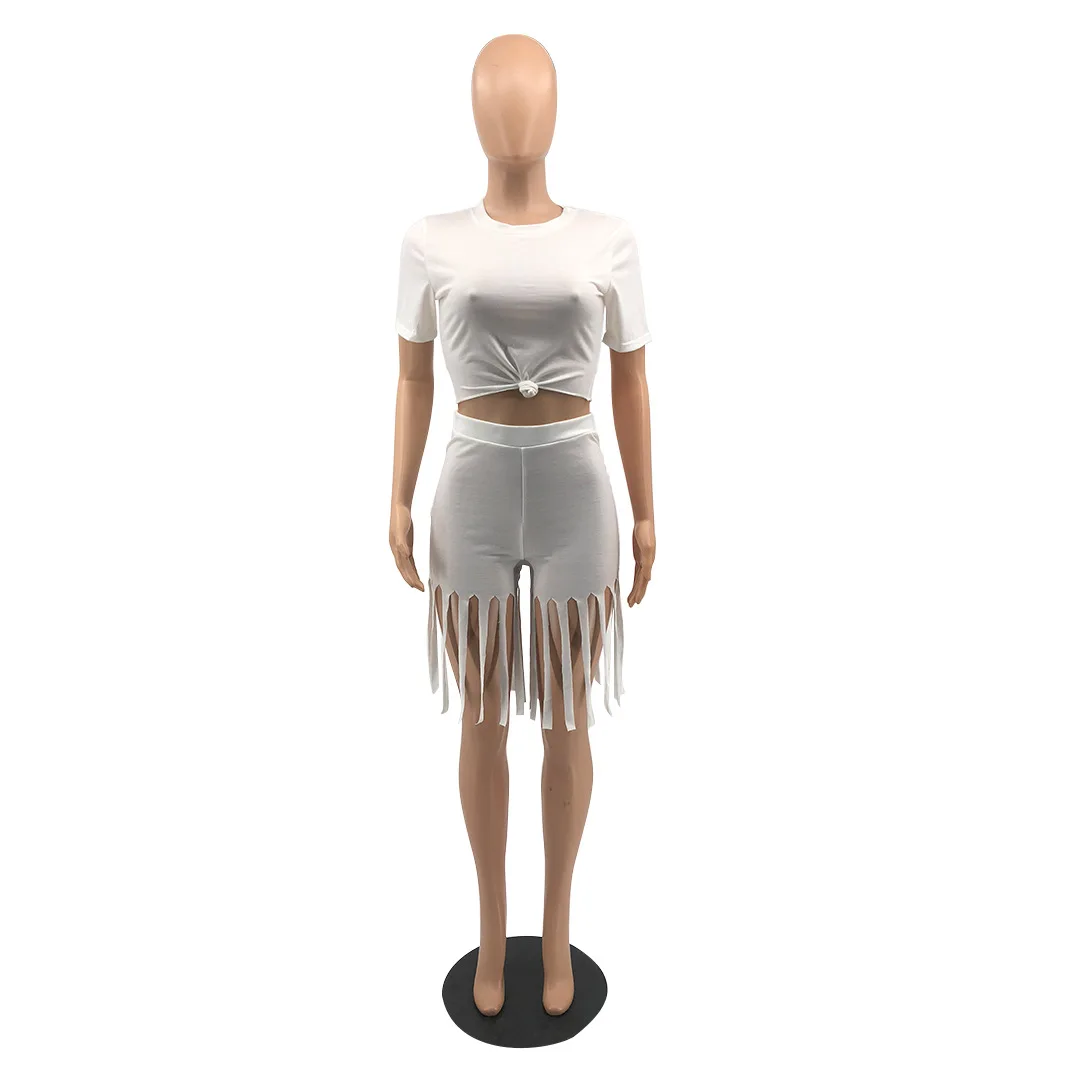 

Summer Two Piece Set 2021 Club Outfits T-shirts crop Top and Tassel Shorts Suits 2 Piece Set Women Casual Matching Sets Short