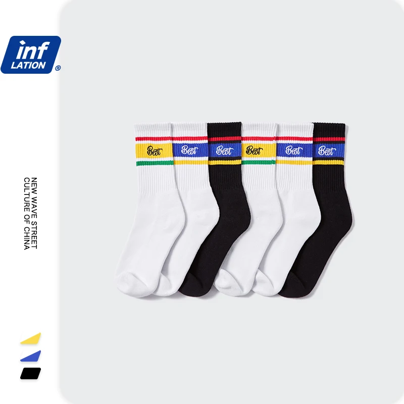 

INFLATION Color Block White Soft Mens Long Socks Winter Thick Warm Embroidery Cotton Sport Socks Unisex