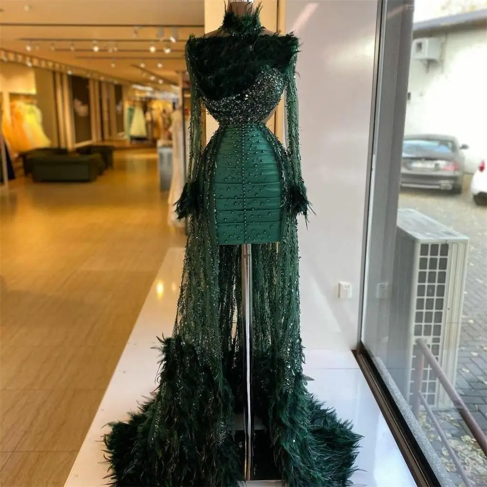 

Роскошный зеленый трапециевидной формы вечерние платья с перьями с высоким воротом осенний свитер с длинными рукавами и вышитым пайетками ...