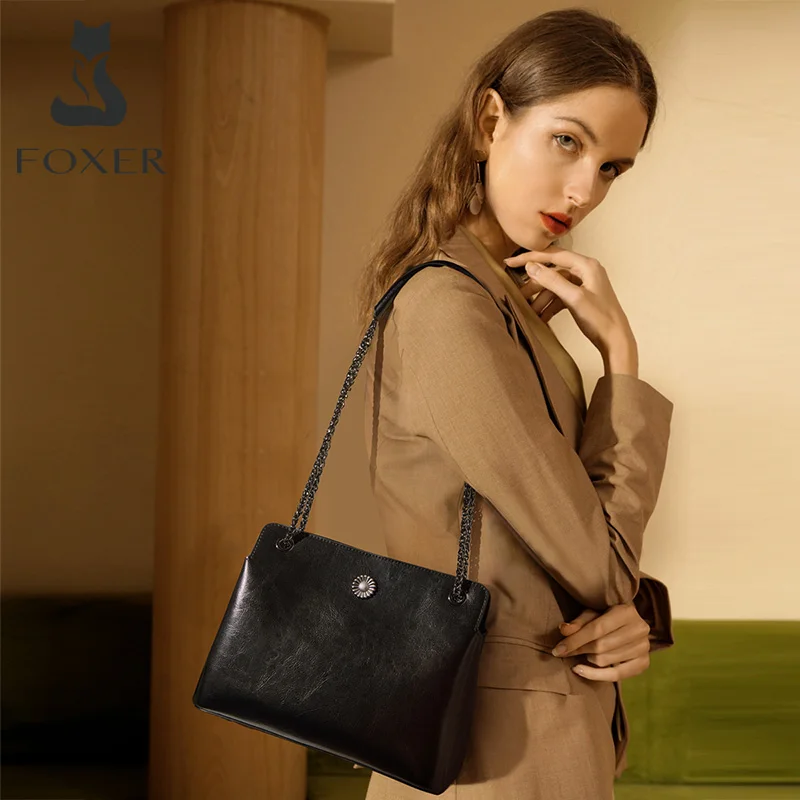 foxer lady split leather fashion simple chain shoulder bag office high quality women bag large capacity commuter messenger bag free global shipping