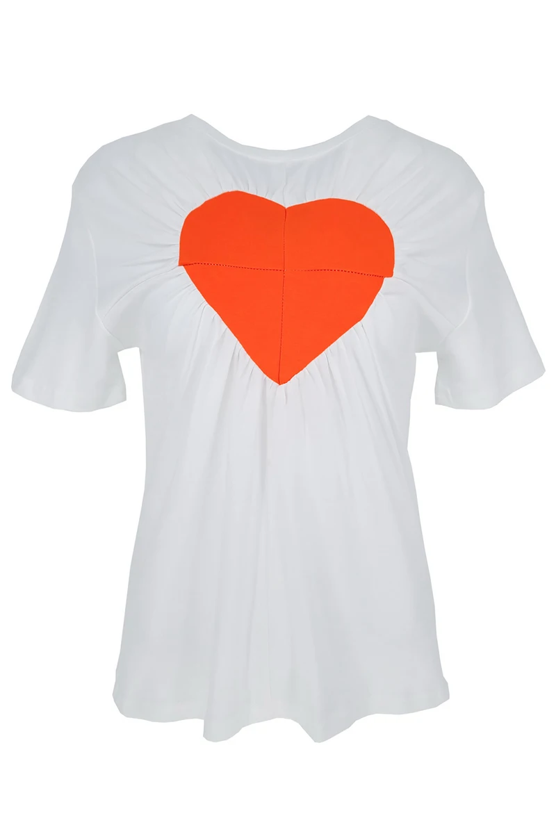 

Three-Dimensional Peach Heart Inlaid Slim Fit Patchwork Short-Sleeved White T-shirt Korean Niche Design All-Matching