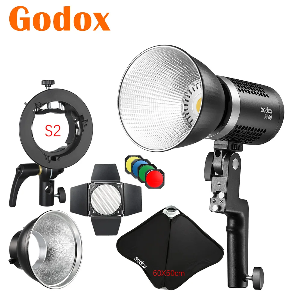 

Godox ML60 LED Video Light Silent Mode S2 Bowens Mount Bracket 60cm Collapsible Softbox AD-R6 Reflector Hood BD-04 Barndoor