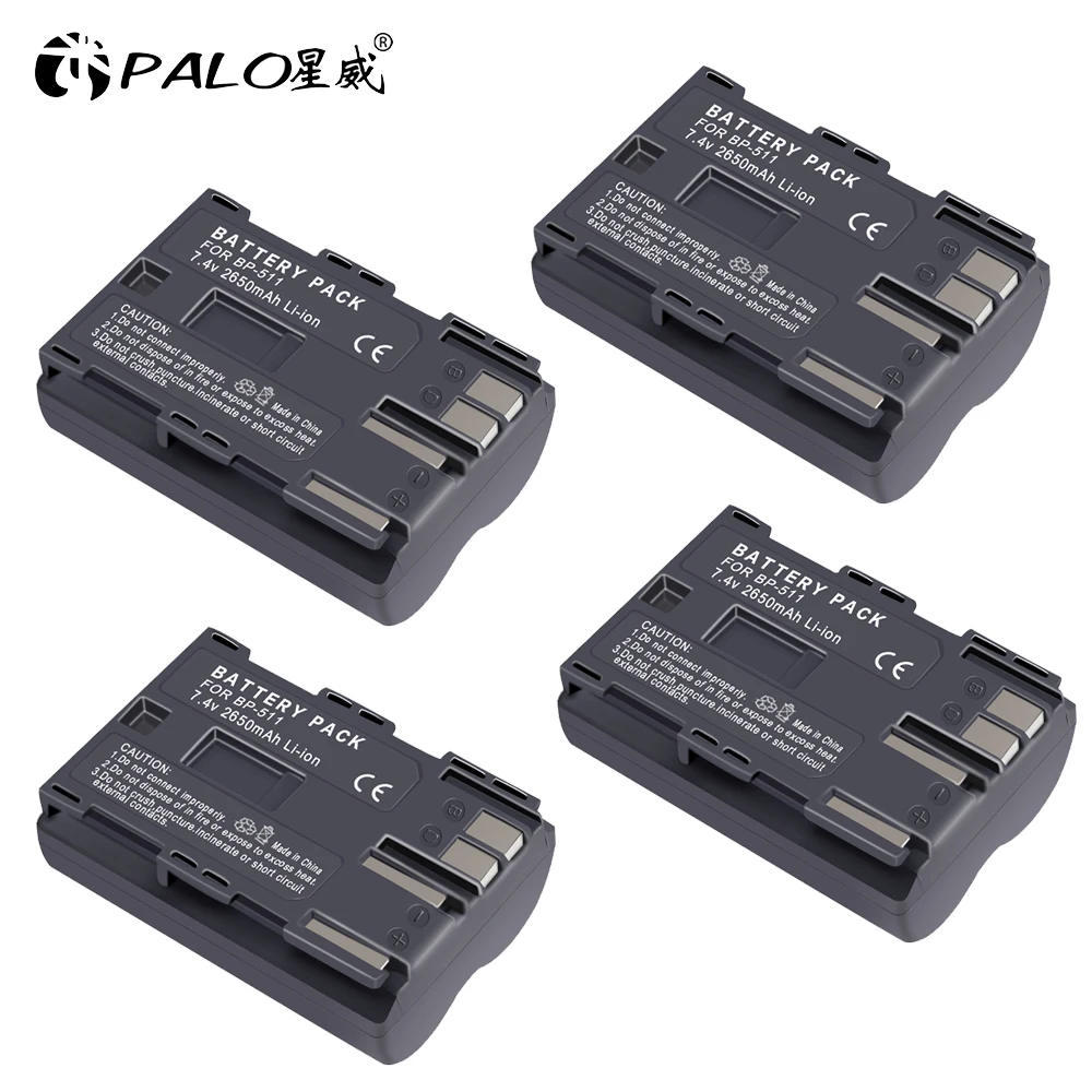 4PCS PALO 2650 мА/ч, 7,4 V BP-511 BP-511A BP 511A для Камера Батарея BP511 BP 511 для цифровой однообъективной зеркальной камеры Canon EOS 40D 300D 5D 20D 30D 50D 10D G6 L10 - Цвет: 4PCS