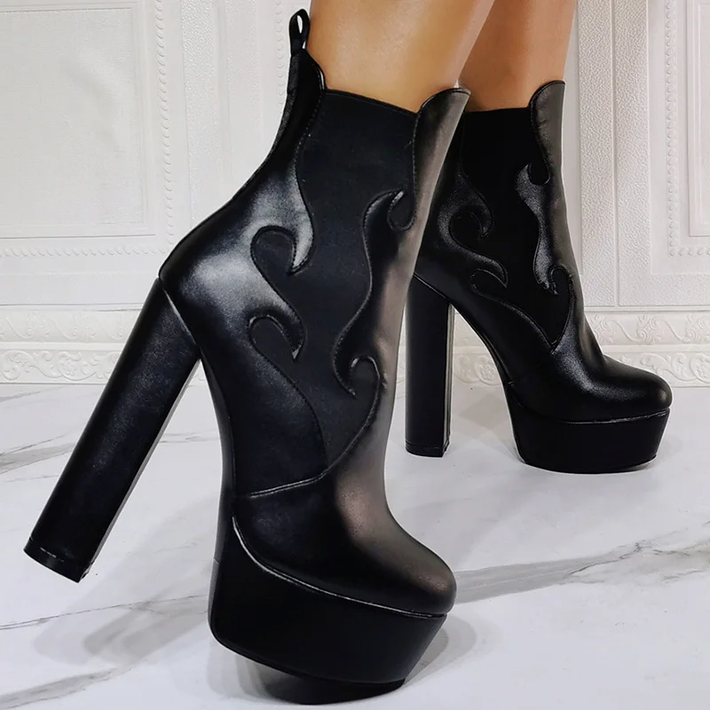 

Woman Shoes High Heels Sexy Halloween Goth Platform Boots Flame Block Heel Fashion Plus Size 47 Women's Winter Boots