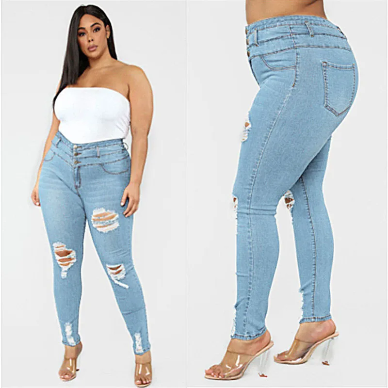 

Women's Plus size jeans Black and blue high waist ripped jeans Fashion casual skinny denim pencil pants