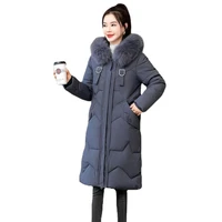 2022 winter korean long parkas women fur collar mid length thicken warm jacket women loose cotton padded coat female ld2454