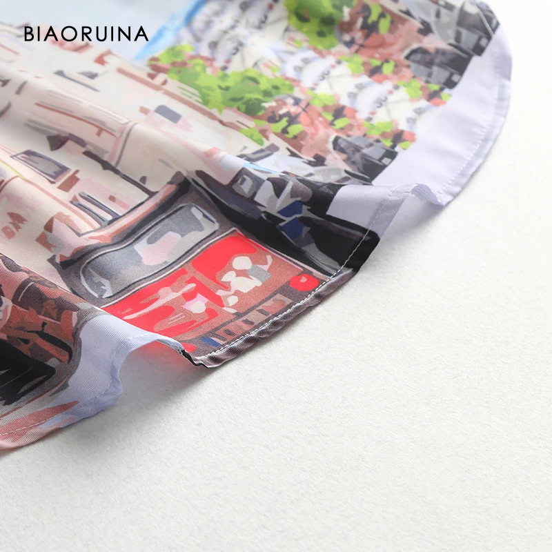 

BIAORUINA Women's Casual Landscape Printed Long Shirt Single Breasted Vertical Striped Loose Irregular Blouse Tops Stand Collar