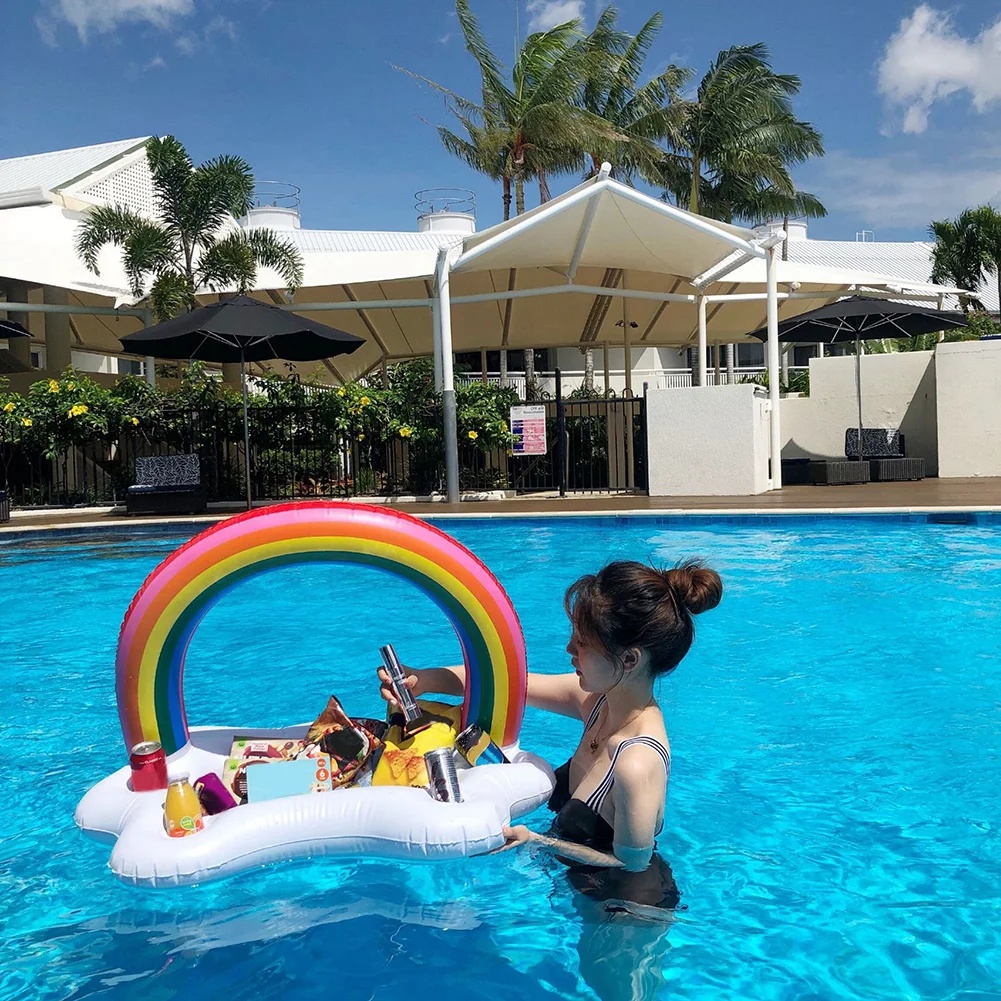 

Inflatable Pool Float Beer Drinking Cooler Table Bar Tray Beach Swimming Ring Summer Pool Party Bucket Rainbow Cloud Cup Holder