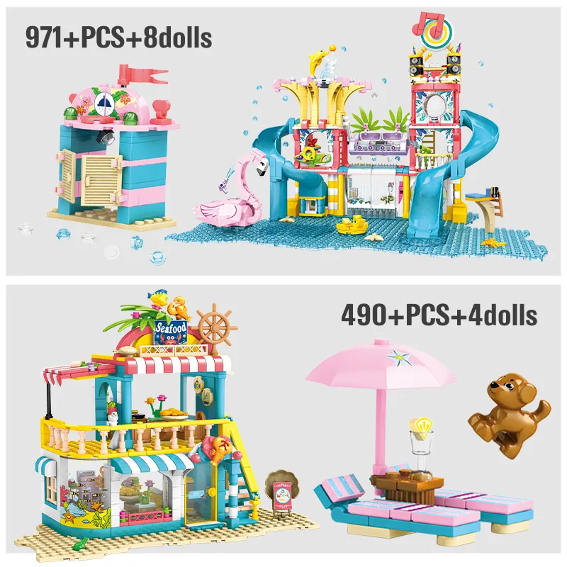 

Heart Lake City Beach Hut Friends Girl RV Villa Castle House Car Building Blocks Water Park Slide Figures Bricks Toys For grils