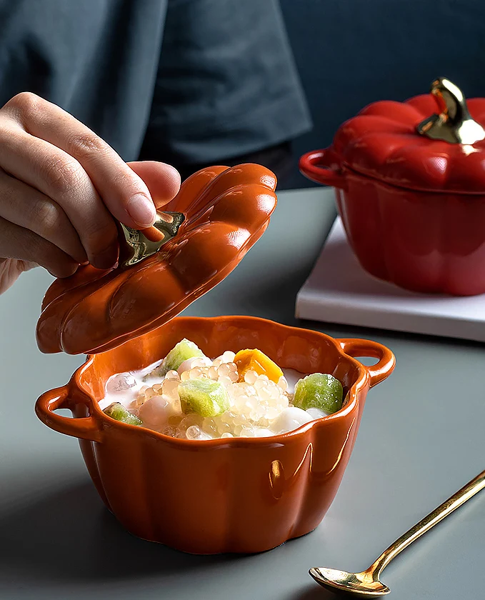 

Pumpkin Binaural Ceramic Stew Pot With Lid Egg Bird's Nest Steam Bowl Water Boiled Breakfast Dinnerware