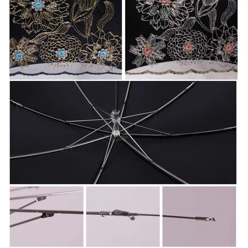 

Ladies 2 Fold Hand Embroidered Umbrella Golden Lily Creative Double-Layer Sunshade UV Protection Sun Umbrella for Women