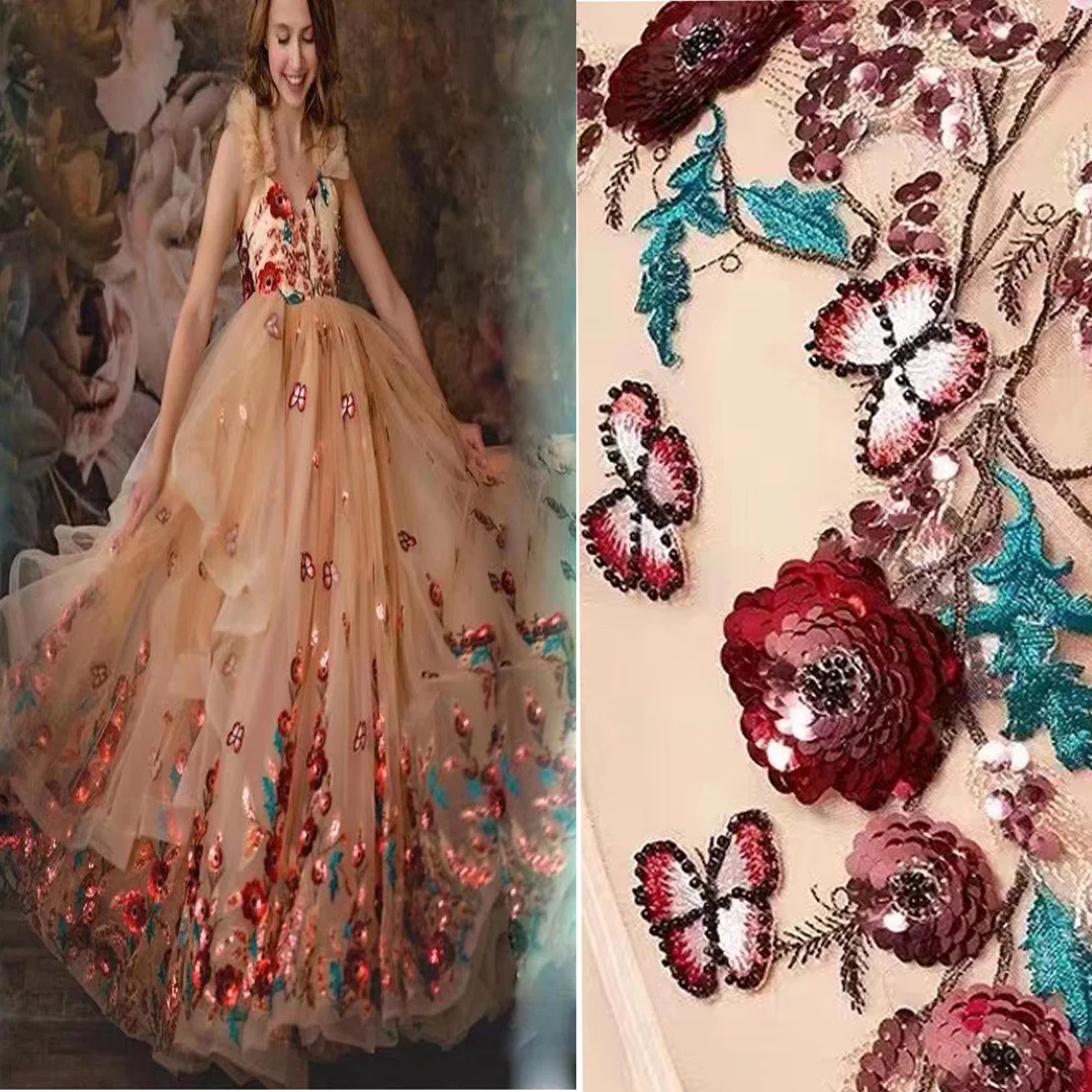 

(5 ярдов/шт.) Высококачественная африканская Тюлевая кружевная ткань, яркие 3D цветы, вышитые блестки, французское Сетчатое кружево для вечернего платья FJY405