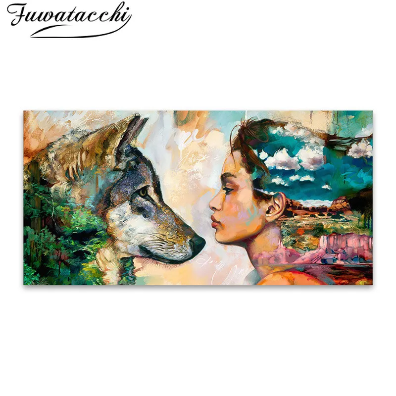 Fuwatacchi Abstract Oil Painting Poster Large Size Canvas Wolf and Girl Prints Wall Hanging Pictures Printings for Living Room | Дом и сад