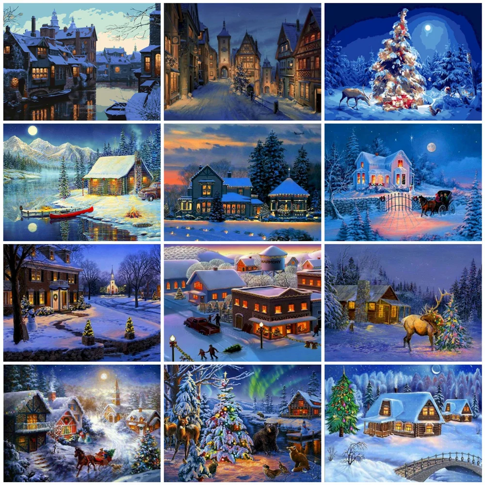 

HUACAN фотографии по номеру зимний дом наборы домашний декор живопись по номерам снег пейзаж рисунок на холсте Ручная роспись искусство подар...