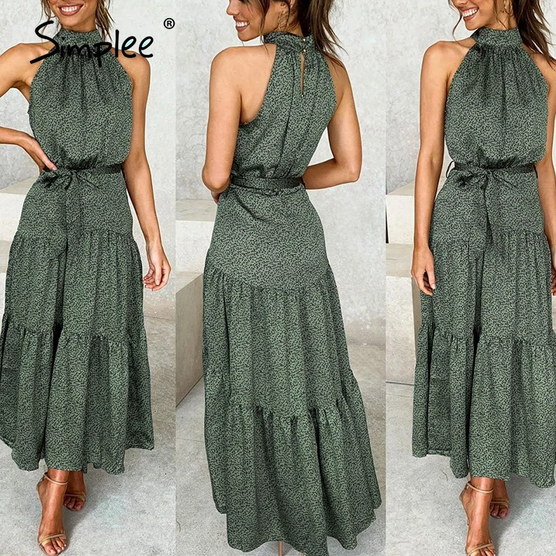 Simplee сексуальное платье с лямкой вокруг шеи без рукавов винтажное Зеленое