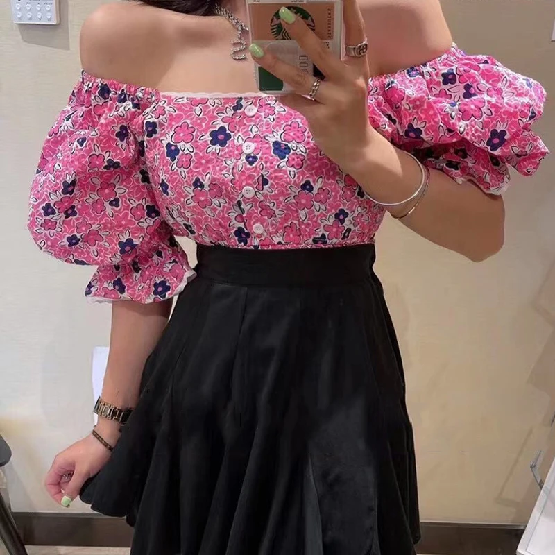 

GALCAUR Print Shirt For Women Slash Neck Puff Three Quarter Sleeve Lace Patchwork Hit Color Blouses Female Fashion Clothing 2021