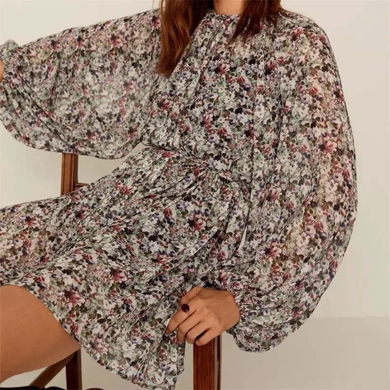 

Women 2021 Chic Fashion Flower Print Puff Pleated Detail Chiffon Mini Dress Vintage O Neck Long Sleeve Female Dresses Mujer