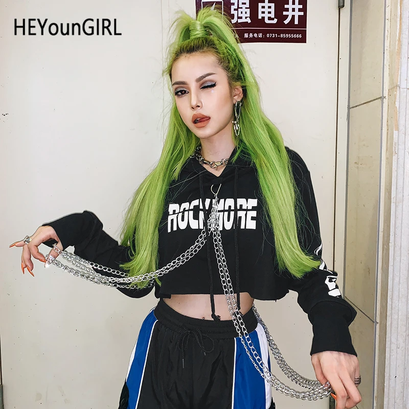 Черные худи HEYounGIRL с надписью в стиле Харадзюку Женский кроп топ панк готика