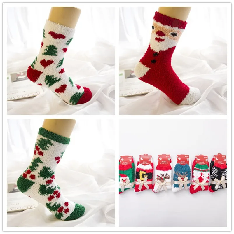 

1/6 pairs autumn and winter new Korean style coral fleece floor half fleece female striped Christmas tree socks