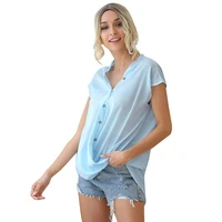 summer chiffon short sleeve button v neck solid color simplicity shirt women casual streetwear loose plus size tops and blouses