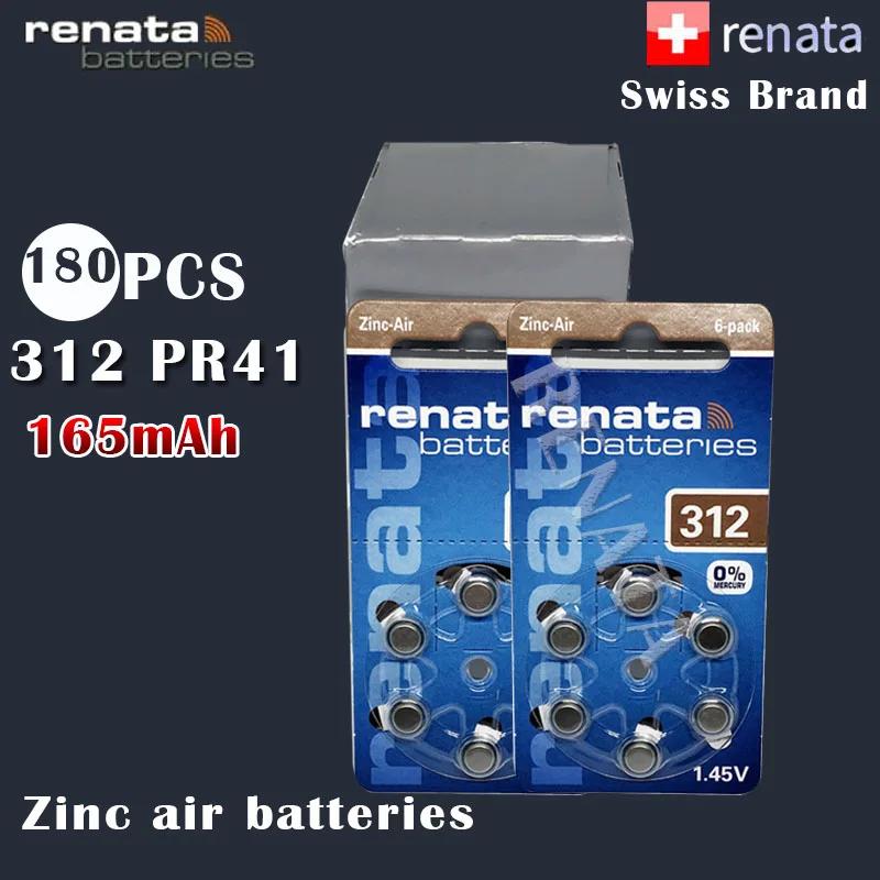 180 шт. Renata 312 1 45 в 165 мАч цинковые воздушные батареи PR41 A312 для слуховых аппаратов