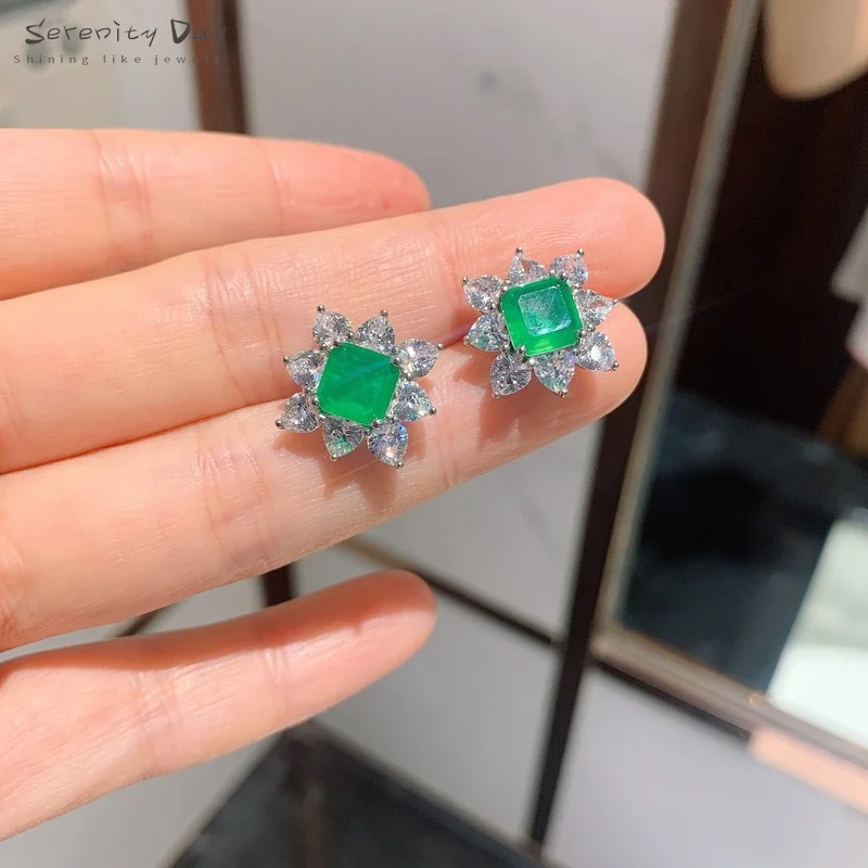 

Serenity Day Silver Plated 7*7MM Square Zircon Sparkling Emerald Stud Earrings for Women Vintage Party Jewelry Drop Shipping