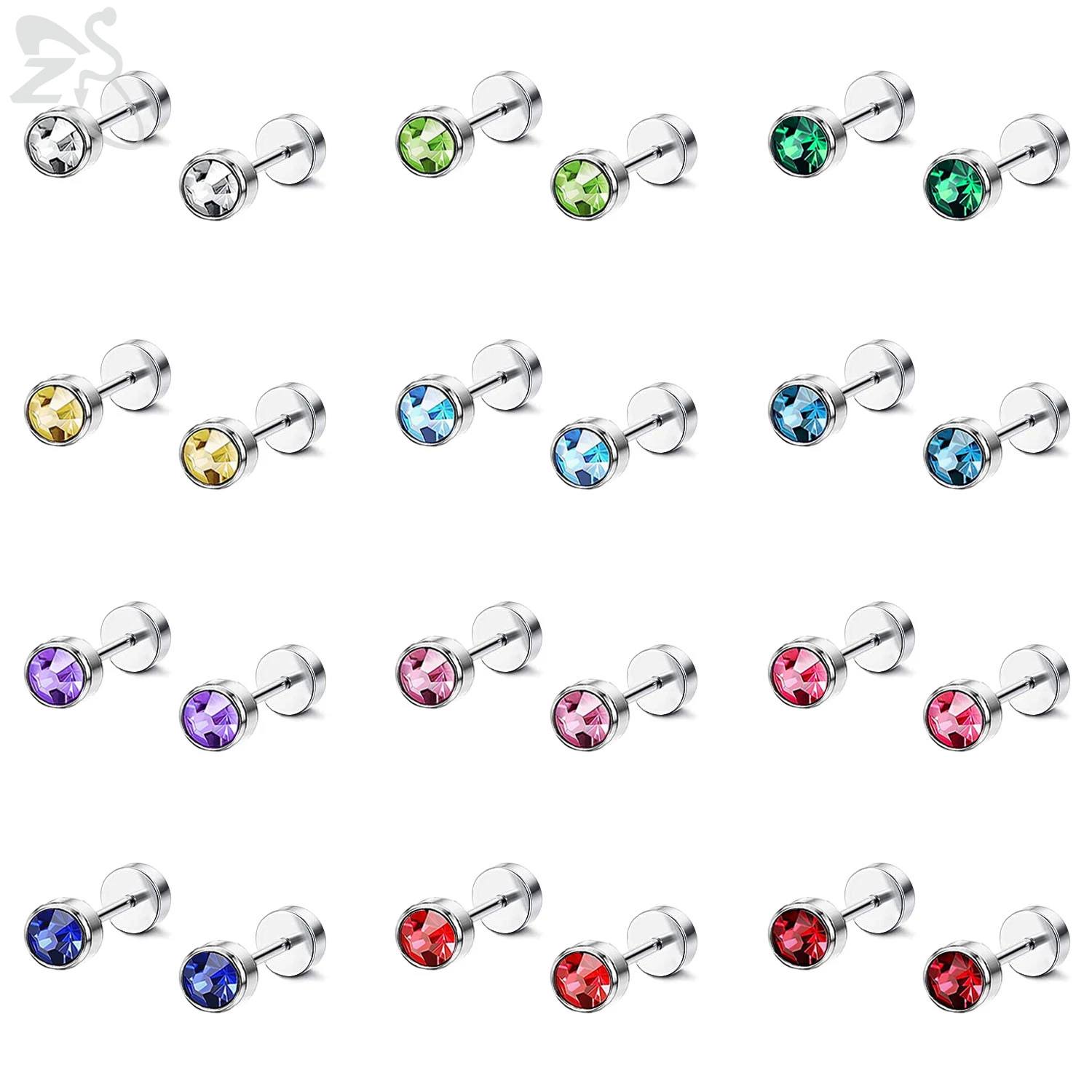 

ZS 12 Pair/lot Colorful Cubic Zirconia Round Stud Earring Set For Women Children Stainless Steel Helix Conch Tragus Piercing 20g
