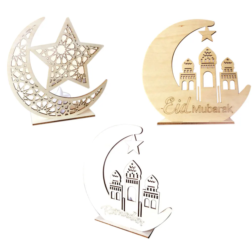 

Muslim Craft Suppiles LED Light Wooden Ramadan EID Mubarak Ramadan Decorative Star Moon Wood Islam Mosque Plaque Party Decor