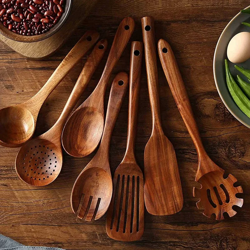 

New Wooden Kitchen Utensils Set,Wooden Spoons for Cooking Natural Teak Wood Kitchen Spatula Set for Including 7 Pack