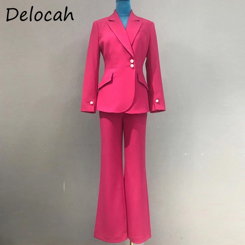 

Delocah New 2021 Spring Women Fashion RunwayPant Set Long Sleeve Solid Jacket + High Waist Wide Leg Pants 2 TwoPiecesSuits