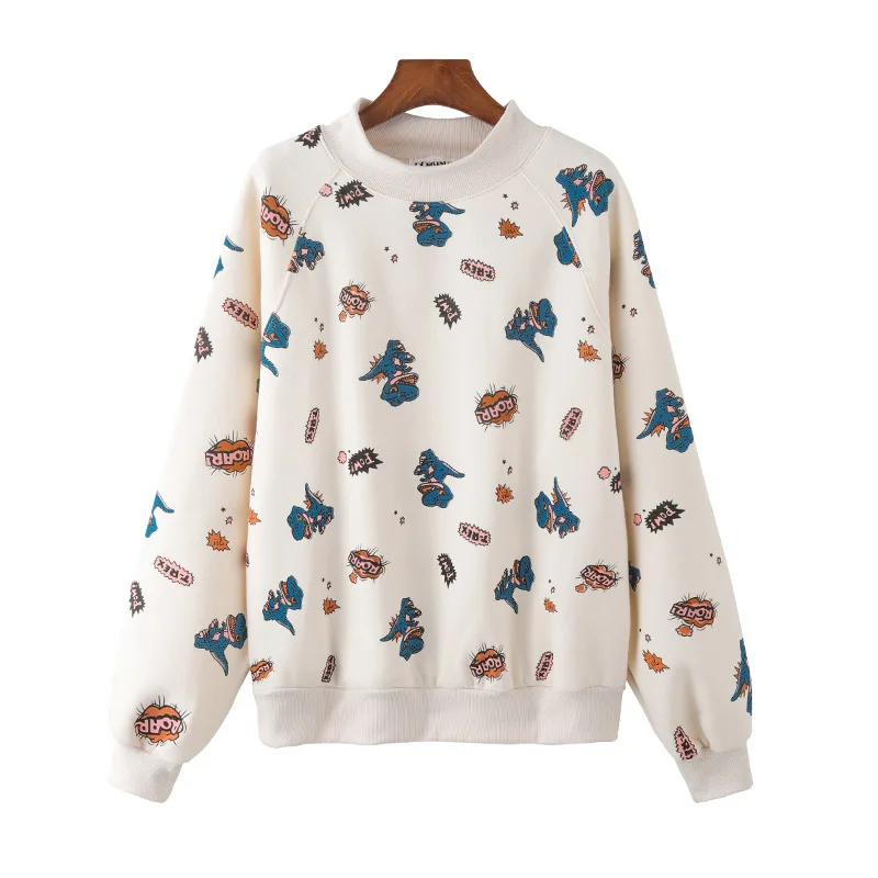 Apricot Merry Pretty женские толстовки с принтом динозавра из мультфильма, толстовки, зимние пуловеры с длинным рукавом и круглым вырезом, Женский Повседневный свободный спортивный костюм - Цвет: Apricot
