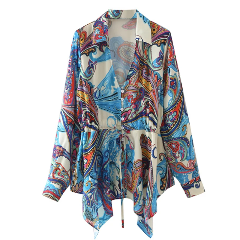 

YENKYE Newest Women Vintage Patchwork Paisley Print Blouse Shirt Drawstring Waist Streetwear Ropa Mujer Loose Ladies Shirts