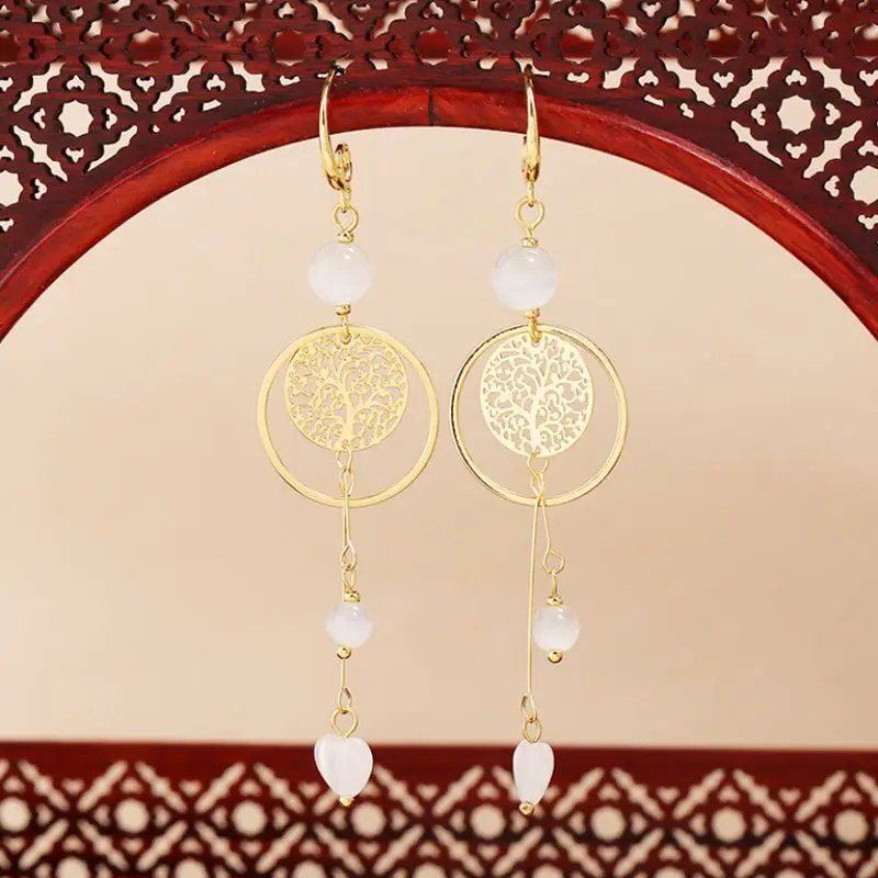 

Earrings Korean Style Hanging Earrings with Stone White Opals Metal Long Dangle Drop Earrings Luxury Jewelry New Year Gift