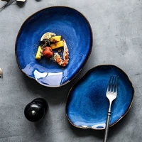 simple irregular ceramic dinner plate dark blue microwave oven usable steak fruit dessert plate home decoration kitchen utensils