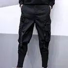 Шаровары мужские однотонные с лентами и карманами, уличная одежда, свободные брюки-карго в темноте, узкие брюки-карандаш в стиле хип-хоп, черные