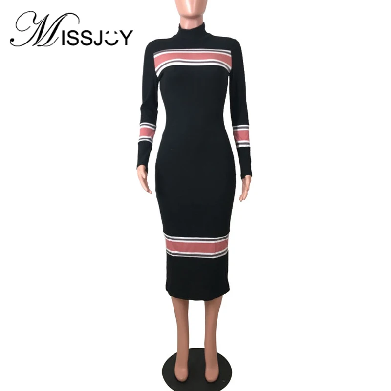 MISSJOY 2020 Осенние повседневные полосатые женские платья с высоким воротником