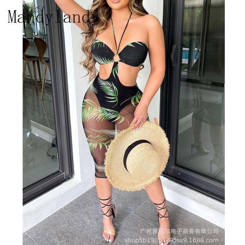 

Mandylandy Dress Summer Sexy Mesh Stitching Strapless Halter Spaghetti Strap Dress Women's Casual Printed Hollow Out Slim Dress