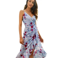 2021 summer new fashion printed v neck sling dovetail skirt sexy temperament elegant banquet dress ruffled high waist slim dress