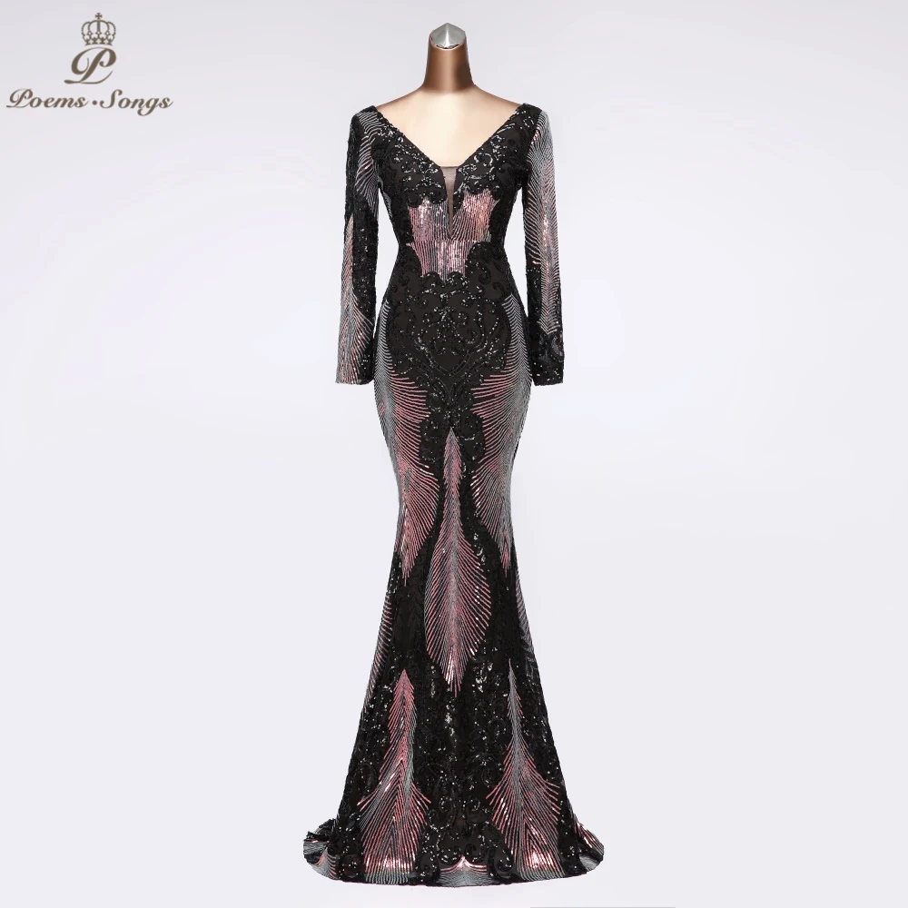 Сексуальные вечерние платья с блестками официальное платье длинным рукавом