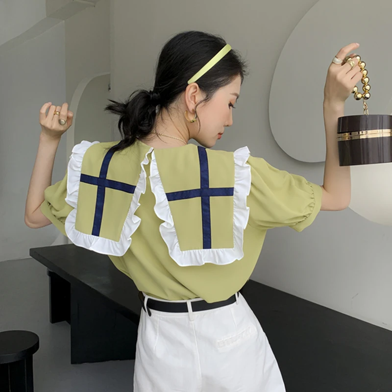 

XIZIHUPAN Casual Bowknot Shirt For Women Sailor Collar Puff Short Sleeve Patchwork Loose Blouses Female Summer Fashion 2021 Tide