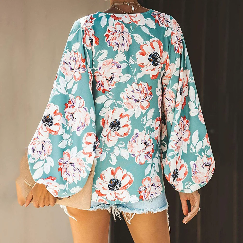 European and American women's 2019 new autumn long-sleeved printed women's shirt casual deep V-neck loose tops and blouses