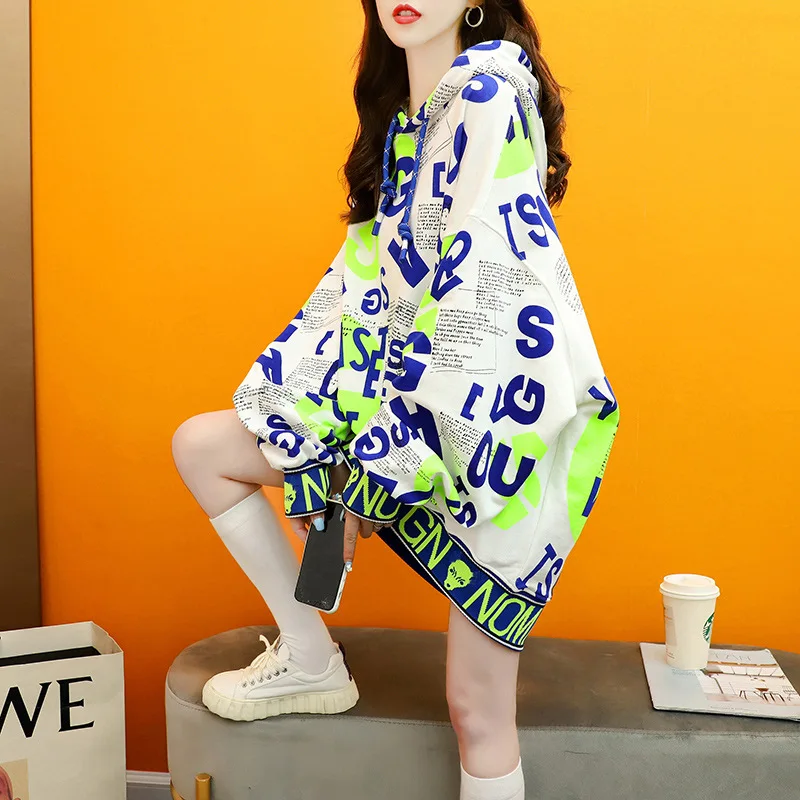 

2022 Spring Autumn New Casual Loose Slim Hooded Sweater Street Style Simple White Letters All-match Women Top Tide Free Shipping