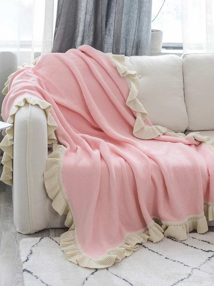 

Customized 100% Cotton Blanket Nordic Pink/blue/grey/green Blankets with Lace Edge Lovely Knitted Blanket for Girls Bed Decor