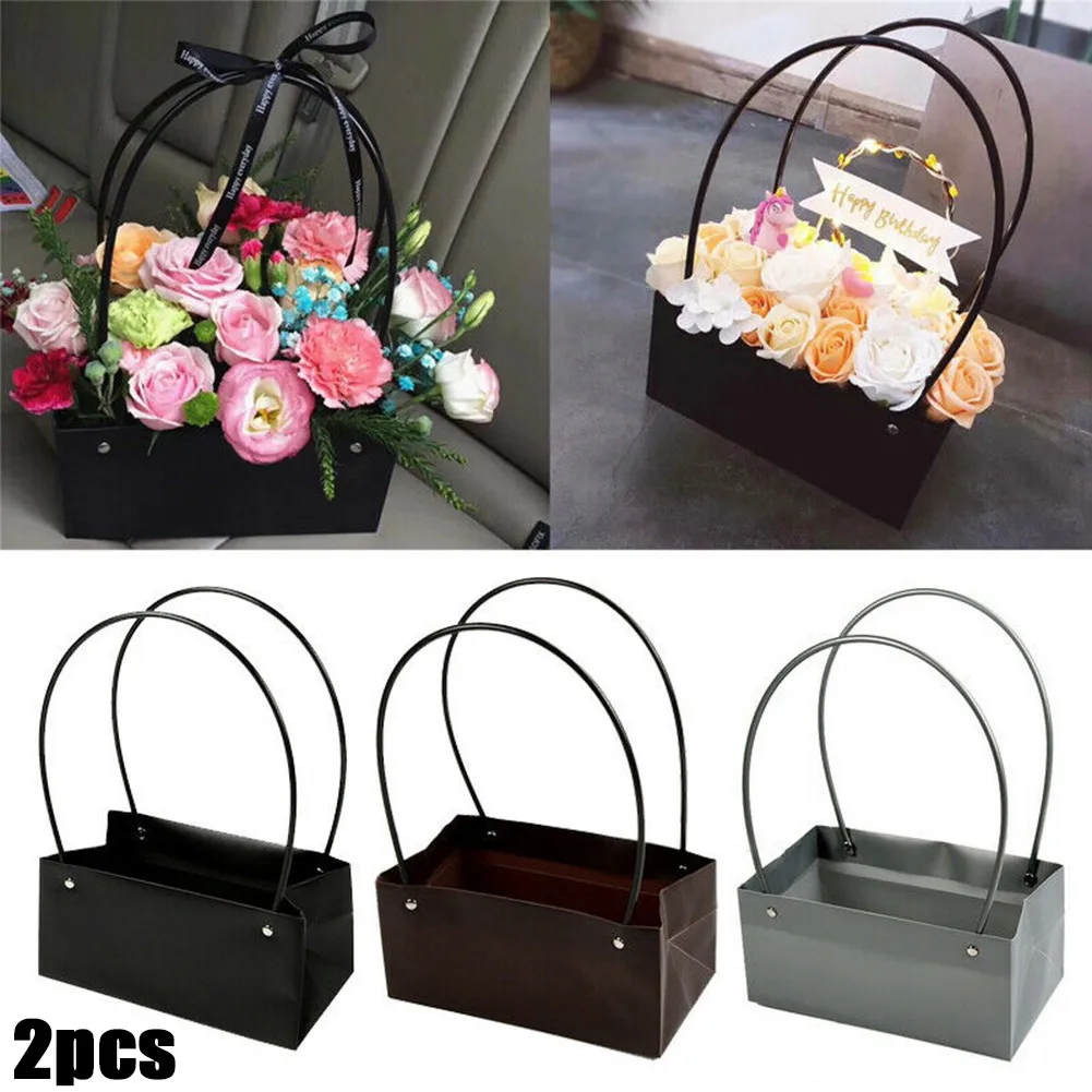 

2Pcs 3 Colors PVC Bag Flower Box Bag Rectangle Leather Bag Waterproof Tote Bag Bouquet Florist Storage Gift Bags