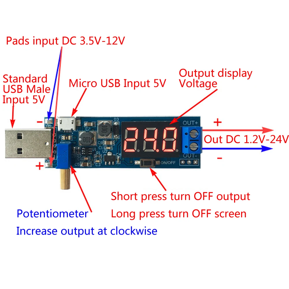 USB повышающий/уменьшающий модуль питания DC-DC 5 В до 3 В/12 Регулируемый понижающий