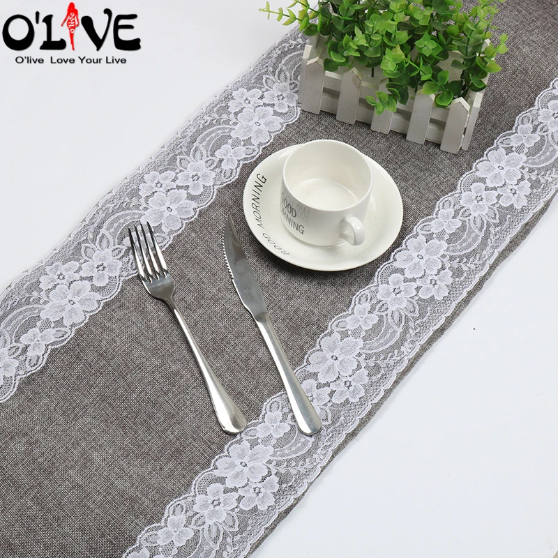 Серая имитирующая льняная скатерть Настольная дорожка из мешковины кружевная