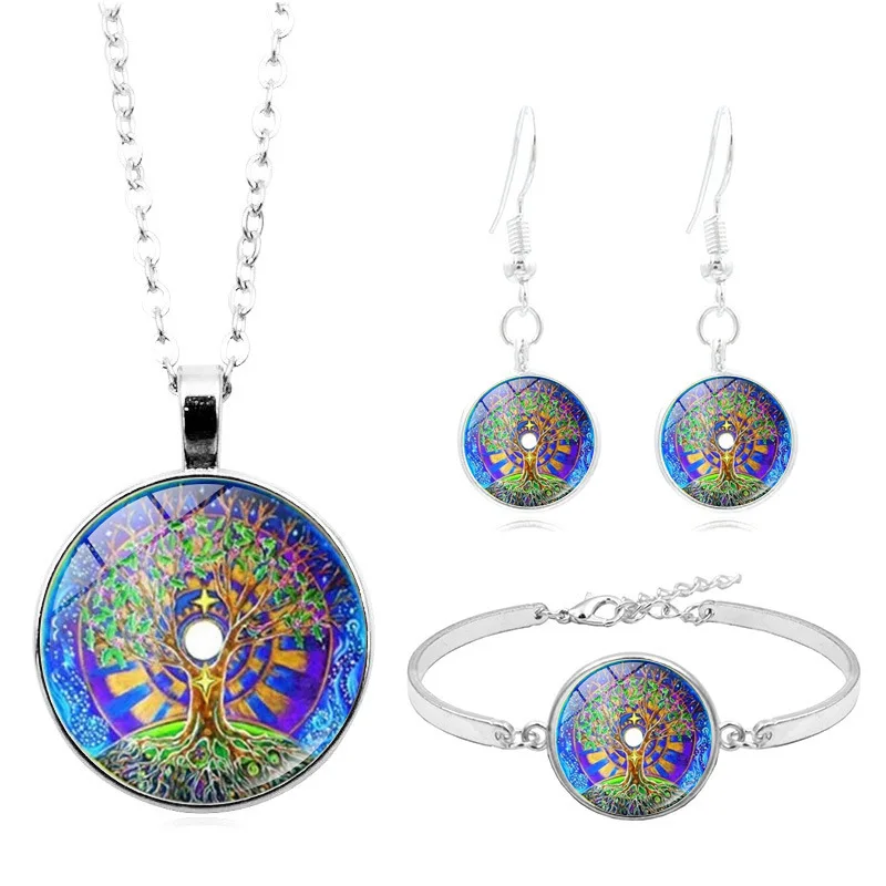Новинка года. Аксессуары. Ожерелье с кристаллами в виде Древа Жизни. Женский набор из серебряного браслета и сережек
