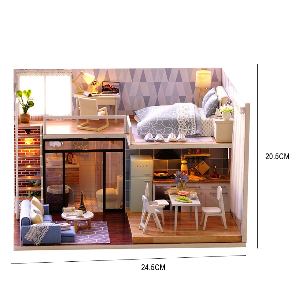 

3D DIY Miniature Light Blue Room Dollhouse Assembling Kids Toy Room Decor DollHouse Miniature Kit Wooden House